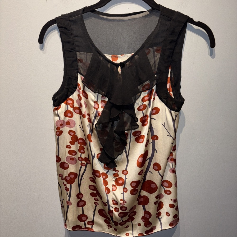 Twinkle By Wenlan Silk Blouse Beige Geometric Black Trim Sleeveless Sz2